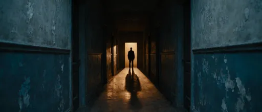 Prompt: Wide shot, a lone figure stands at the end of a long, dark hallway. Cinematography by Roger Deakins.