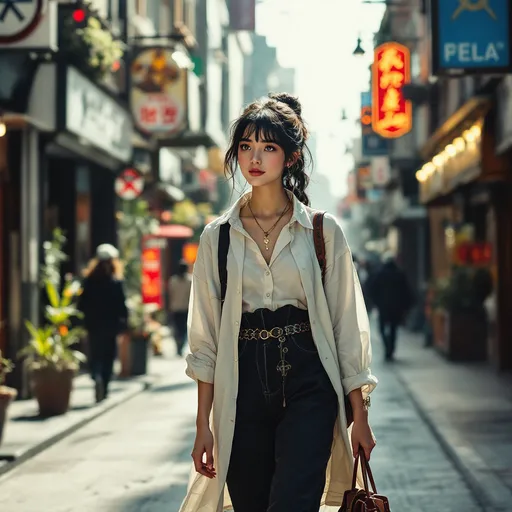 Prompt: Tall young woman walking down the high street, detailed clothing, realistic, natural lighting