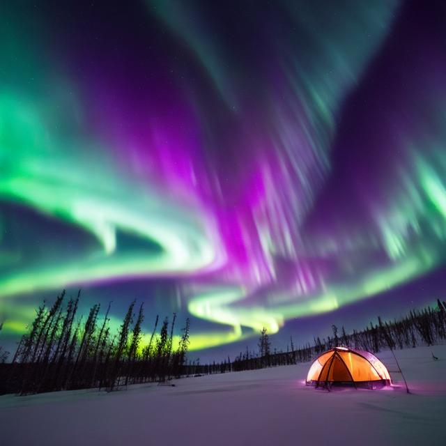 Prompt: Witnessing the Northern Lights: Imagine dancing bands of emerald and violet across the night sky, painting the world in magical hues. Witnessing the Aurora Borealis with a loved one creates an unforgettable, shared memory.