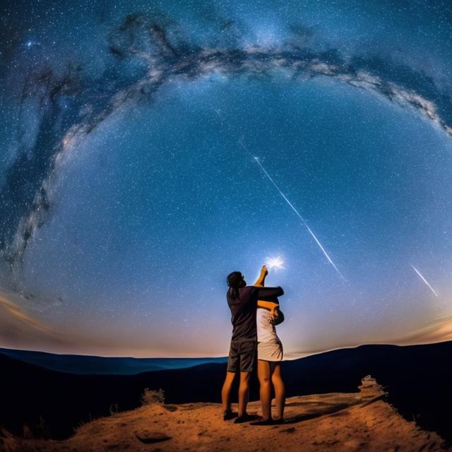 Prompt: Gazing at the stars: Sharing the vastness of the cosmos with someone you love, whispering wishes on shooting stars, or finding constellations together can ignite a sense of shared awe and connection.