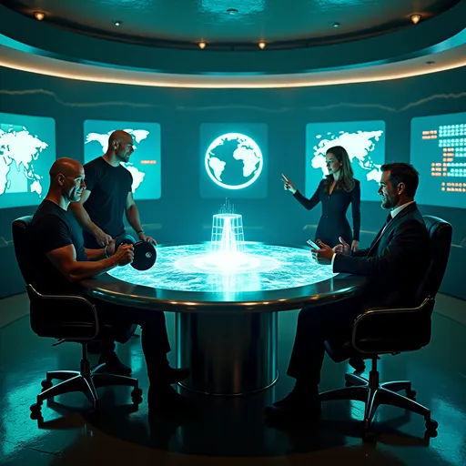 Prompt: A secret underground spy bunker illuminated by glowing blue and green holograms. The centerpiece is a 3D holographic moonbase projection floating above a round metallic table. Dwayne "The Rock" Johnson is lifting a heavy dumbbell in one hand, looking overly confident. Angelina Jolie, wearing a sleek black tactical spy suit, is leaning forward over a holographic screen with an intense, focused expression. Ryan Reynolds, in a casual suit, is reclining in his chair, smirking while talking to a glowing humanoid AI assistant projected from a wrist gadget. Morgan Freeman stands at the head of the table in a commanding pose, pointing at the moonbase hologram. The walls are lined with spy gear, glowing computer panels, and a world map showing blinking red locations