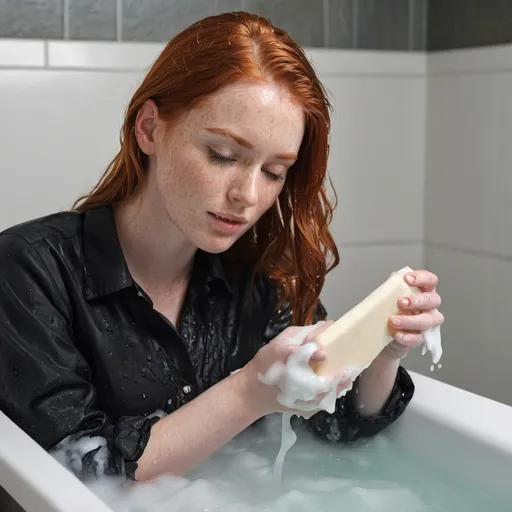 Prompt: A young red-haired woman with freckles is taking a bubble bath. She is wearing a black long sleeve button down shirt. She is washing her shirt with a bar of soap. Her shirt is wet and soapy.