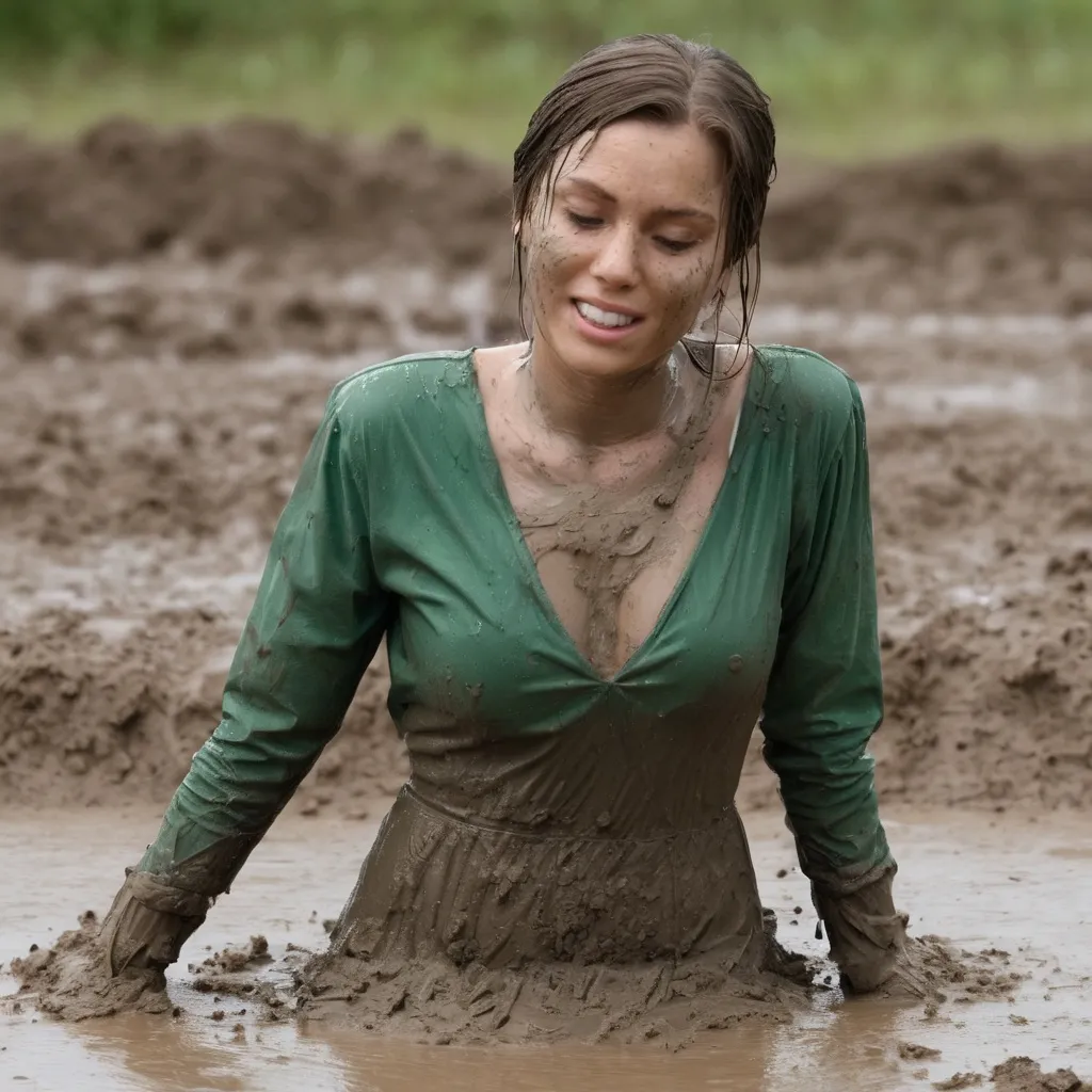 Prompt: A woman is soaking in a mud pit. She is wearing a green long sleeve dress with a low neckline. Her dress is soaked and caked with mud.