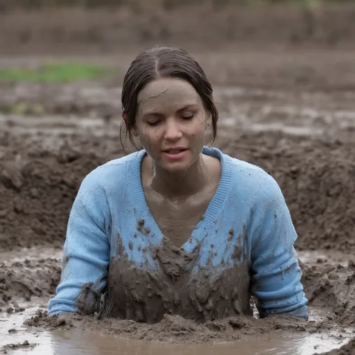 Prompt: A woman is soaking in a mud pit. She is wearing a light blue sweater with a low neckline. Her sweater is soaked and caked with mud.