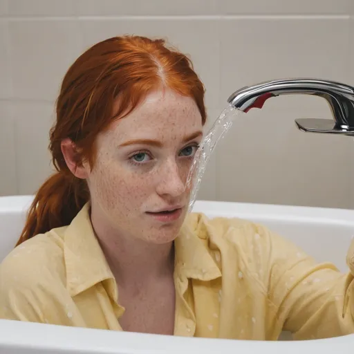 Prompt: A young red-haired woman with freckles is taking a bubble bath in a yellow long sleeve button down shirt. She is washing her shoulder with a bar of soap.