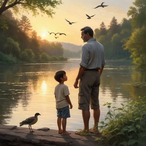 Prompt: The image portrays a father and child sharing a tender moment together in nature. They are standing on the edge of a tranquil lake, surrounded by tall trees and lush greenery. The father has his arm wrapped protectively around the child's shoulders, offering comfort and reassurance.

Both father and child are looking out over the water, captivated by the serene beauty of the scene before them. The sun is setting in the distance, casting a warm golden glow over the landscape and reflecting off the surface of the lake.

In the sky above, a flock of birds is soaring gracefully, adding to the sense of peace and tranquility. The air is filled with the gentle sounds of nature – the rustle of leaves, the chirping of birds, and the soft lapping of water against the shore.

The expression on the child's face is one of awe and admiration, as they look up to their father with love and admiration. The father's gaze is focused on the child, radiating warmth and affection.