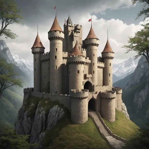 Prompt: a castle that is made to defend and has tall walls it is not beautiful but it is sturdy and safe 