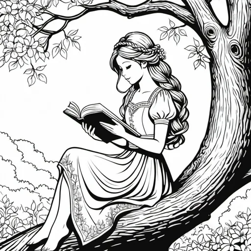 Prompt: coloring page line art of a girl in a beautiful dress sitting in a tree reading her head Is turned away and her hands can't be seen but her hair is long and in a braid