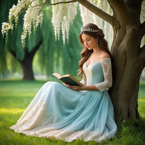 Prompt: In a serene and enchanting kingdom, beneath the sweeping branches of a majestic willow tree, a princess sits gracefully on a weathered stone bench. Her gown flows like liquid silk, adorned with delicate lace and shimmering jewels that catch the sunlight filtering through the tree's swaying leaves.

The willow's branches cascade down like curtains, creating a private alcove where the princess can escape the hustle and bustle of the kingdom and revel in the tranquility of nature. Its long tendrils brush the ground, creating a soft, verdant carpet that seems to beckon the princess closer.

In her hands, she holds a book of fairy tales, its pages worn from countless readings. With a look of rapt attention, she leans forward, lost in the world of fantasy and magic that unfolds before her. Perhaps she's reading about brave knights and daring adventures, or maybe she's lost in the tale of a beautiful princess, much like herself, who finds love against all odds.

Birds flit through the branches above, their sweet songs filling the air with melody, while butterflies dance on the breeze, their colorful wings casting fleeting shadows on the ground. The air is alive with the scent of blooming flowers and fresh grass, a testament to the beauty and abundance of the natural world.

As the princess loses herself in her book, a sense of peace washes over her, enveloping her in a warm embrace. Here, beneath the willow tree's protective branches, she is free to be herself, to dream and imagine to her heart's content, safe in the knowledge that she is loved and cherished by all who know her.