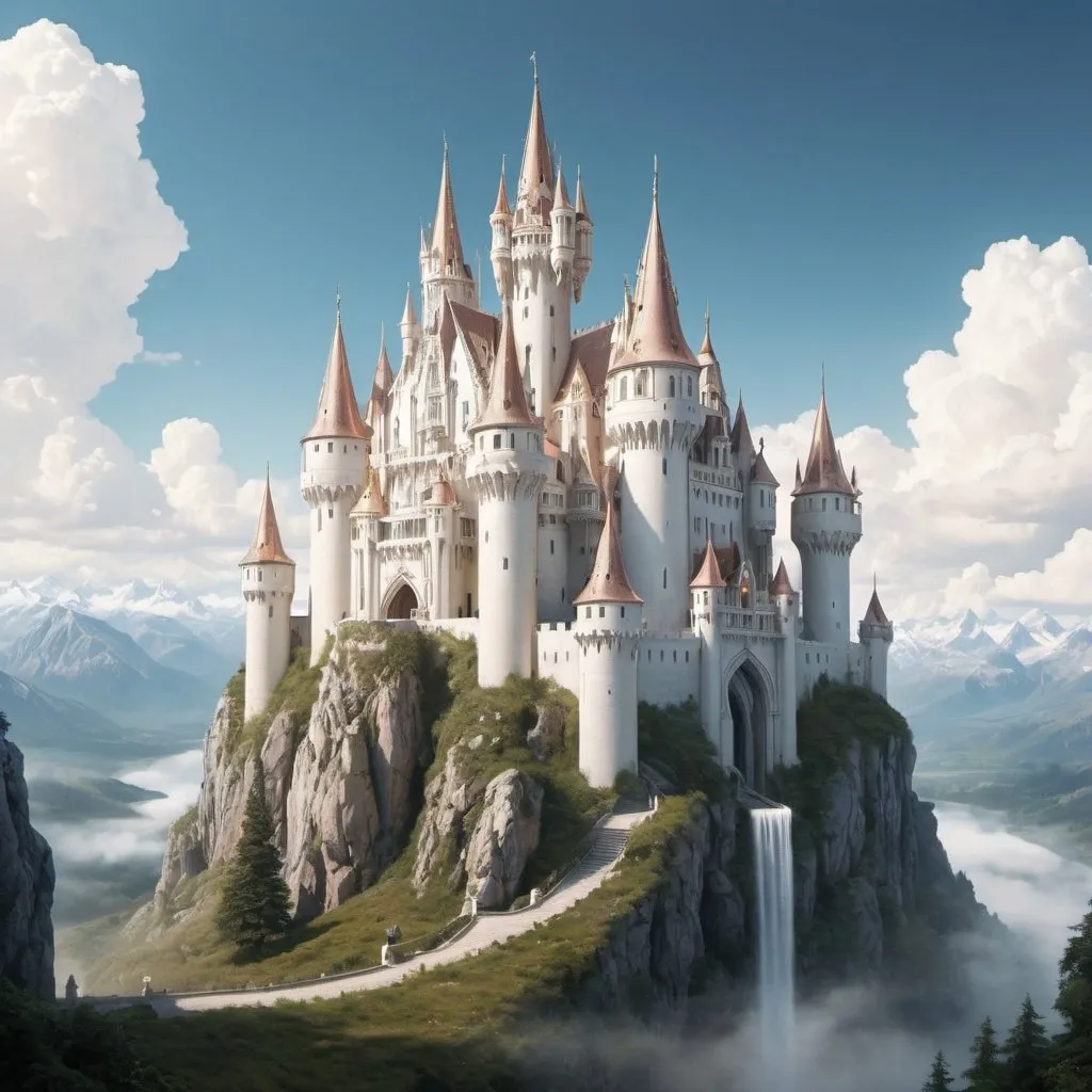 Prompt: a beautiful castle that is pearly white with spires reaching high into the sky the kingdom is called verdantia 