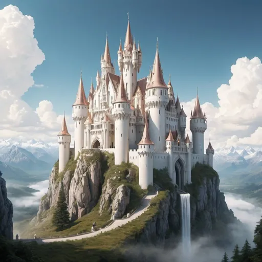 Prompt: a beautiful castle that is pearly white with spires reaching high into the sky the kingdom is called verdantia 