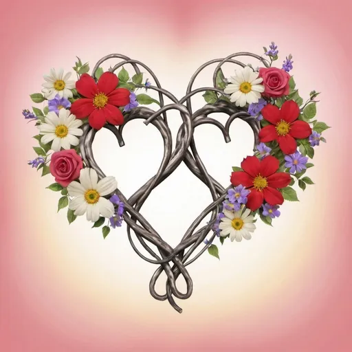 Prompt: two entwined hearts with flowers surrounding them
