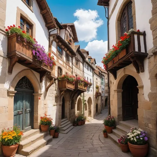 Prompt: a medieval city that is safe and protected riches abound and age people are wearing colorful clothes the buildings are white with colorful flowers weaved into the banisters and door frames