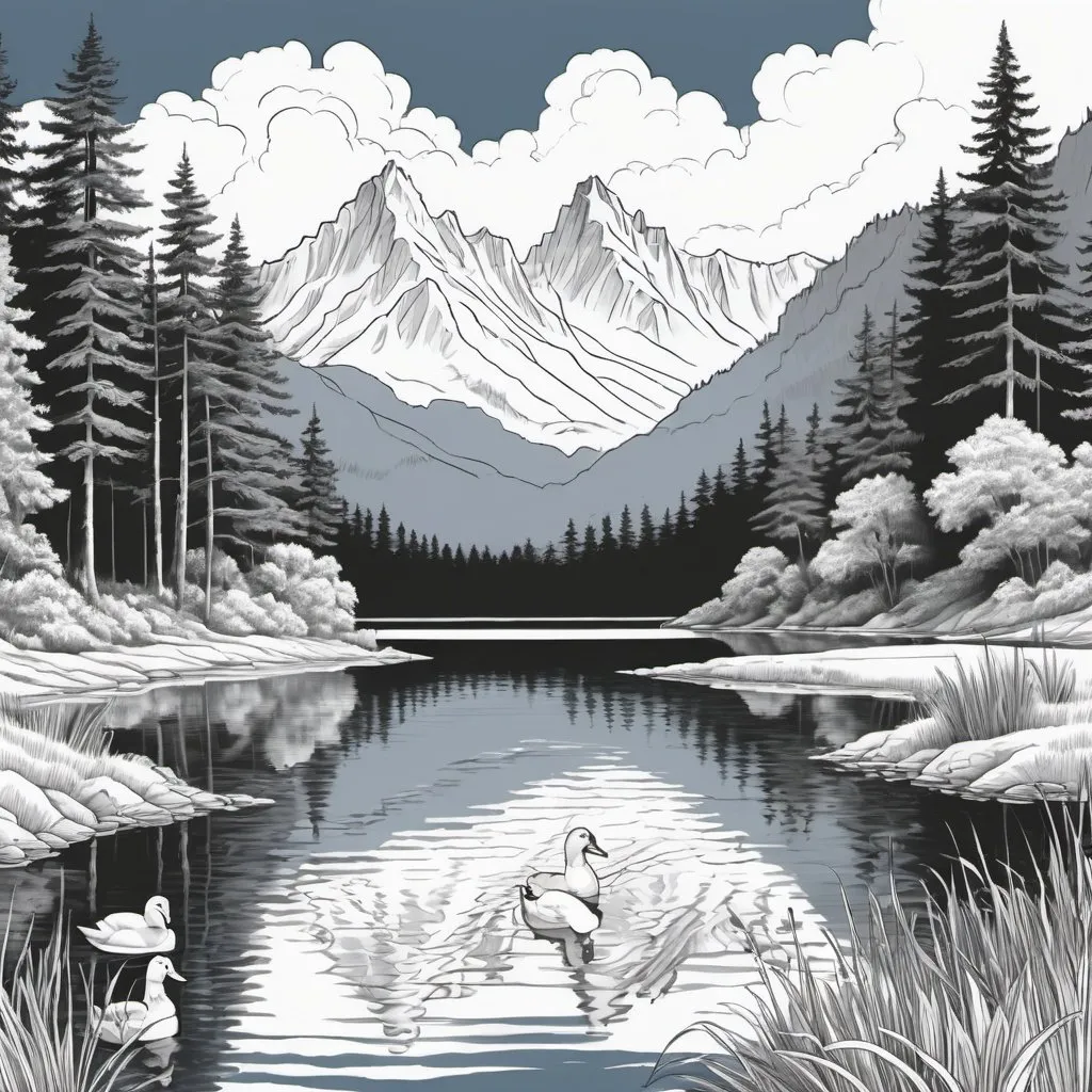 Prompt: coloring page of a serene lake nestled among towering mountains. The water is calm, reflecting the surrounding peaks like a mirror. Ducks or swans peacefully glide across the surface, leaving gentle ripples in their wake. Lush greenery lines the shores, with tall pine trees casting dappled shadows. In the distance, the mountains rise majestically, their peaks dusted with snow, and the sky above is a brilliant blue with fluffy clouds drifting lazily by.