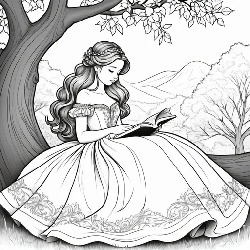 Prompt: coloring page line art of a girl in a beautiful long and big ball gown sitting in a tree reading her head Is turned away and her hands can't be seen but her hair is long and in a braid