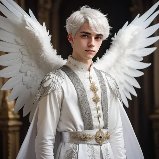 Prompt: a 18 year old boy with short white hair and beautiful silver irises and 8 meter white wings is dressed in princely clothes 
