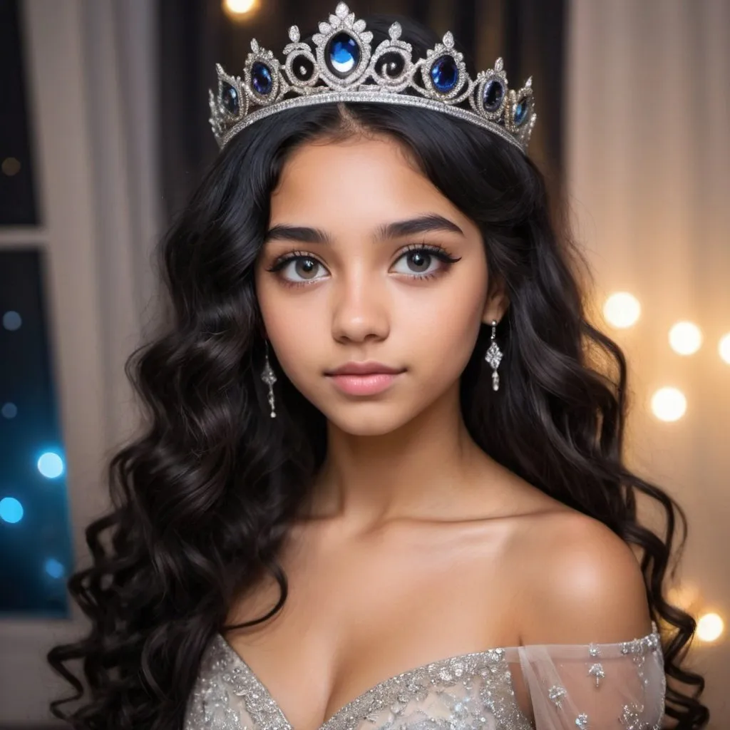 Prompt: 18 year old girl with long gently curly black hair styled nicely she has eyes that look the galaxy is in them and tan skin she wears a beautiful ball gown  and tiara 