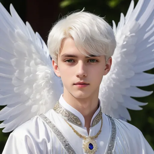 Prompt: a 18 year old boy with short white hair and beautiful silver irises and 8 meter white wings is dressed in princely clothes