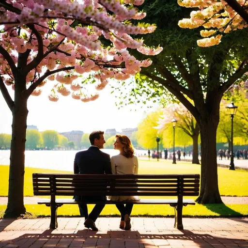 Prompt: a park, where a man and a woman are seated on a bench together under a blossoming tree. The man is gazing at the woman with admiration, while she is looking at him with a warm smile as she leans her head on his shoulder. Around them,   flowers are  blooming The sunlight gently filters through the leaves, casting a warm glow on the scene .there is only the two of them in the park