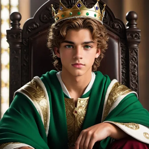 Prompt: 18 year old king with short gently curly brown hair styled nicely he has green eyes and tan skin he wears a kings clothes and crown with a sword by his side he sits confidently but comfortably on his throne looking more like a boy than a king