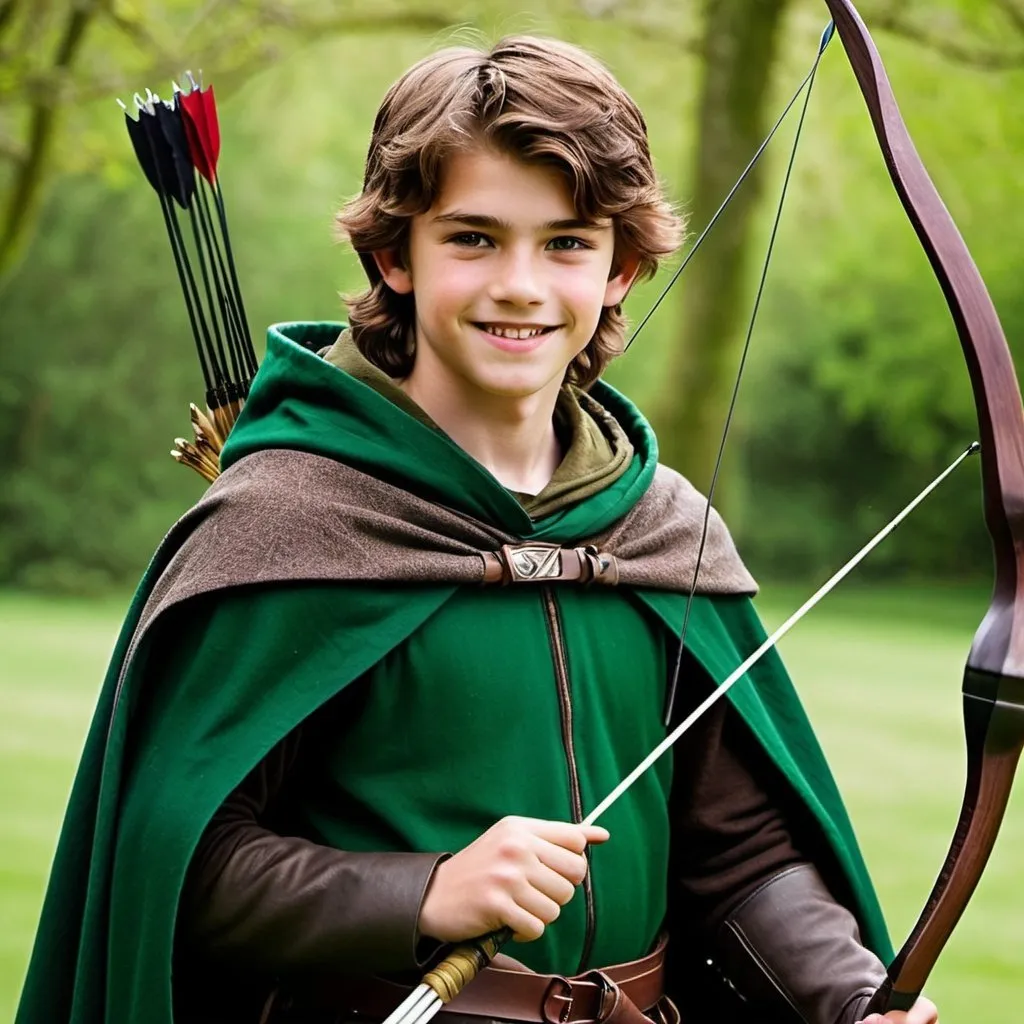 Prompt: rangers apprentice will who is sixteen years old and from medieval times  and has unkempt brown hair and deep brown eyes he has a easy smile and bright face as he wears a cloak that is a mottled brown and green seeming to melt into the background he holds a recurve bow made of wood  in his right hand and a quiver of arrows by his side 