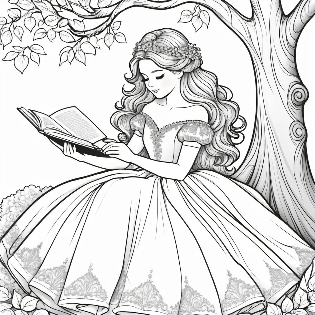 Prompt: coloring page line art of a girl in a beautiful long and big ball gown sitting in a tree reading her head is covered with her hair as it falls over her shoulders covering her face and hands 