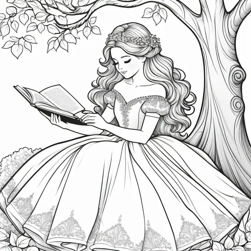 Prompt: coloring page line art of a girl in a beautiful long and big ball gown sitting in a tree reading her head is covered with her hair as it falls over her shoulders covering her face and hands 