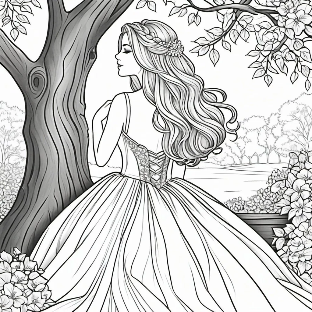 Prompt: coloring page line art of a girl her back is to us but you can see her long hair and beautiful long ball gown as she sits in the tree