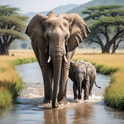 Prompt: a picture of a majestic elephant helping a baby elephant across a river where on the other side is a beautiful field 