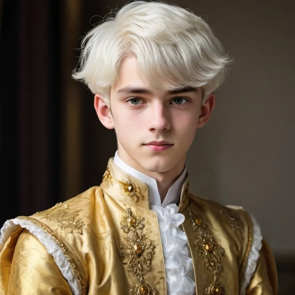 Prompt: a 18 year old boy with short white hair and beautiful golden irises dressed in princely clothes
