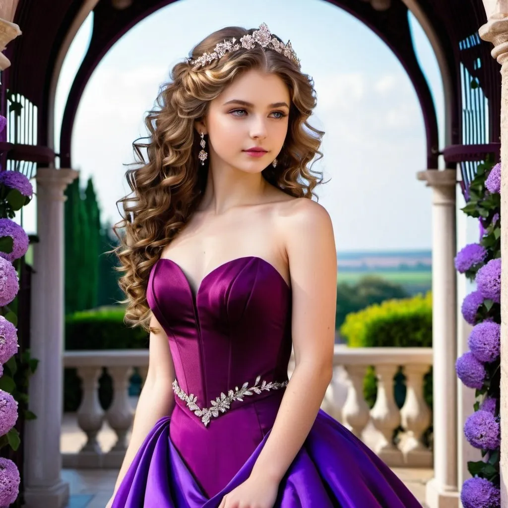 Prompt: a girl of sixteen with brown curly rings of hair going down to below her waist and beautiful purple eyes with a beautiful ball gown standing in front of a arch of silver flowers 