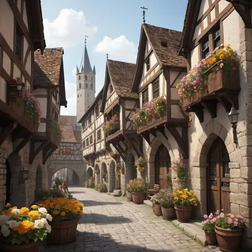 Prompt: a medieval city that is filled with prosperity the buildings are bright and cheerful with flowers everywhere it I s bustling and happy 