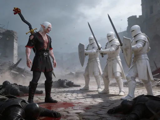Prompt: @IOwm9heROQ0vsDKogAnJ est épuisé et ensanglanté avec un sourire malefique , tout autour de lui il y a des cadavres de chevaliers noir et devant lui se dresse 3 paladin blanc
