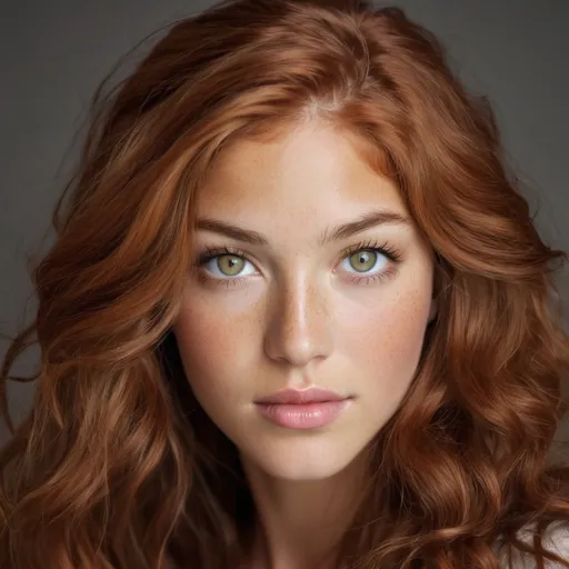 Prompt: She is a multiracial woman of Dutch, Persian, and Japanese origin. She has grey eyes and long, wavy red hair that falls to her knees. Her skin tone is an olive complexion. She is six foot four (193.04 cm) tall and 198 lbs with an athletic build. She has Breathtakingly Gorgeous features that are beyond this world. She is hugging a cat.