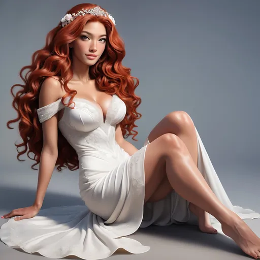 Prompt: A multiracial woman of Dutch, Persian, and Japanese descent who has long, wavy red hair that falls to her knees and she has grey eyes. She is six foot four (193.04 cm) tall and 198 lbs with an athletic build. She is wearing a beautiful wedding dress. She has Breathtakingly Gorgeous features.