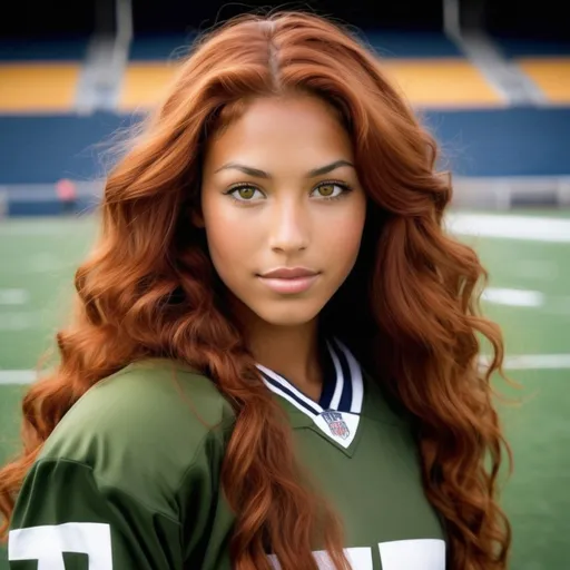 Prompt: She is a multiracial woman of Dutch, Persian, and Japanese origin. She has long, wavy red hair that falls to her knees and she also has grey eyes, and her skin tone is an olive complexion. She is six foot four (193.04 cm) tall and 198 lbs with an athletic build. She is wearing an attire for football while scoring a goal on the soccer field. She has Breathtakingly Gorgeous features that are beyond this world.