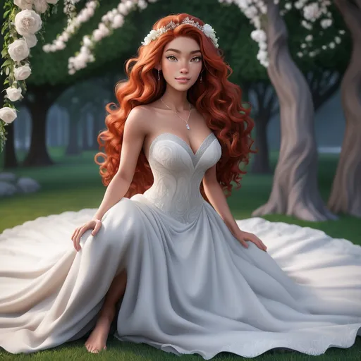 Prompt: A multiracial woman of Dutch, Persian, and Japanese descent who has long, wavy red hair that falls to her knees and she has grey eyes. She is six foot four (193.04 cm) tall and 198 lbs with an athletic build. She is wearing a beautiful wedding dress. She has Breathtakingly Gorgeous features.