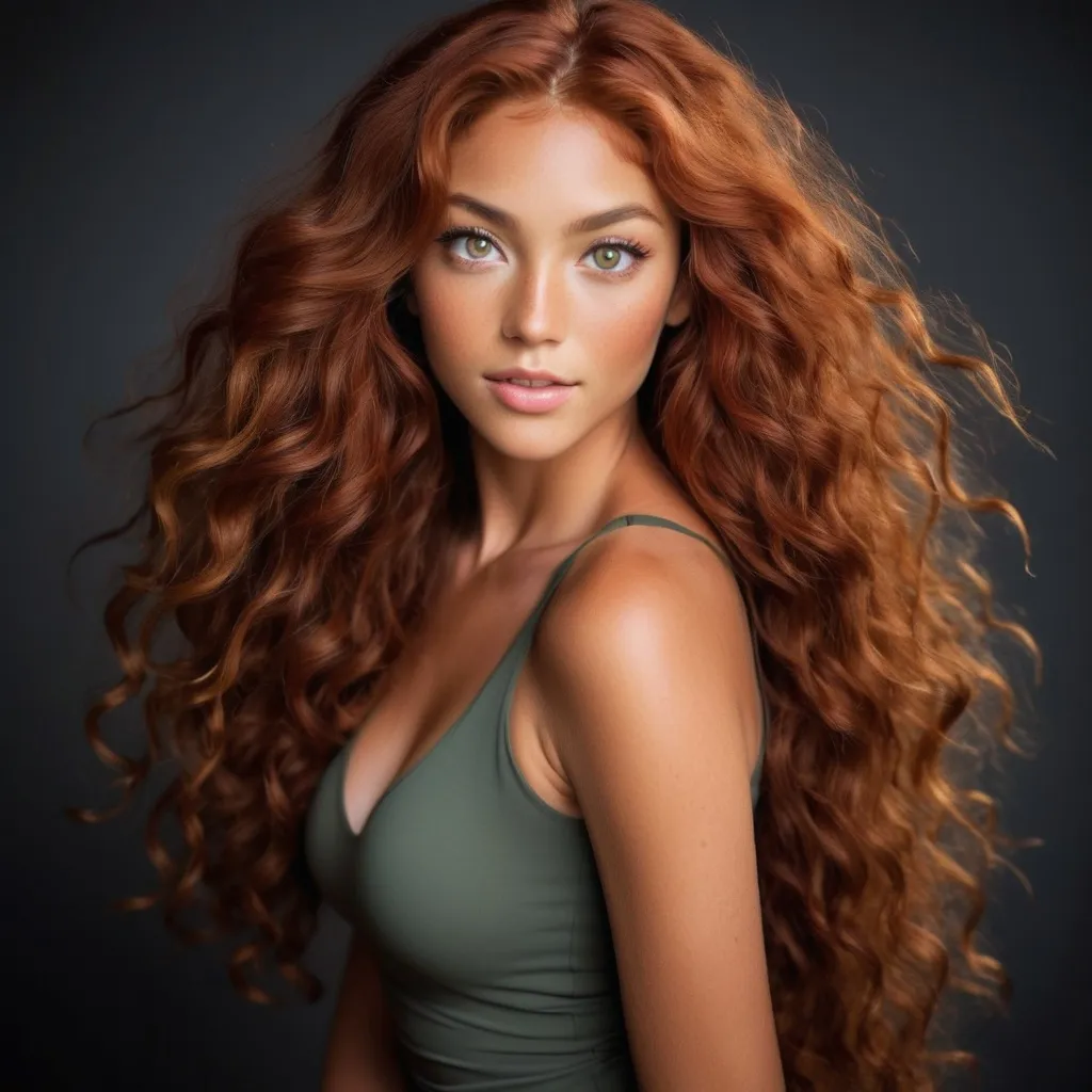 Prompt: She is a multiracial woman of Dutch, Persian, and Japanese origin. She has grey eyes and long, wavy red hair. her skin tone is an olive complexion. She is six foot four (193.04 cm) tall and 198 lbs with an athletic build. She has Breathtakingly Gorgeous features. She is also dancing on the stage while wearing a beautiful ballerina dress.