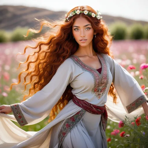 Prompt: She is a multiracial woman of Dutch, Persian, and Japanese origin. She has grey eyes and long, wavy red hair with an olive skin tone. She is six foot four tall and 198 lbs with an athletic build. She has Breathtakingly Gorgeous features. She is also dancing on the lovely flower field while wearing traditional ancient Persian clothing.