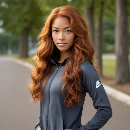 Prompt: She is a multiracial woman of Dutch, Persian, and Japanese origin. She has long, wavy red hair that falls to her knees and she also has grey eyes, and her skin tone is an olive complexion. She is six foot four (193.04 cm) tall and 198 lbs with an athletic build. She is wearing a sportswear attire while playing basketball. She has Breathtakingly Gorgeous features that are beyond this world.