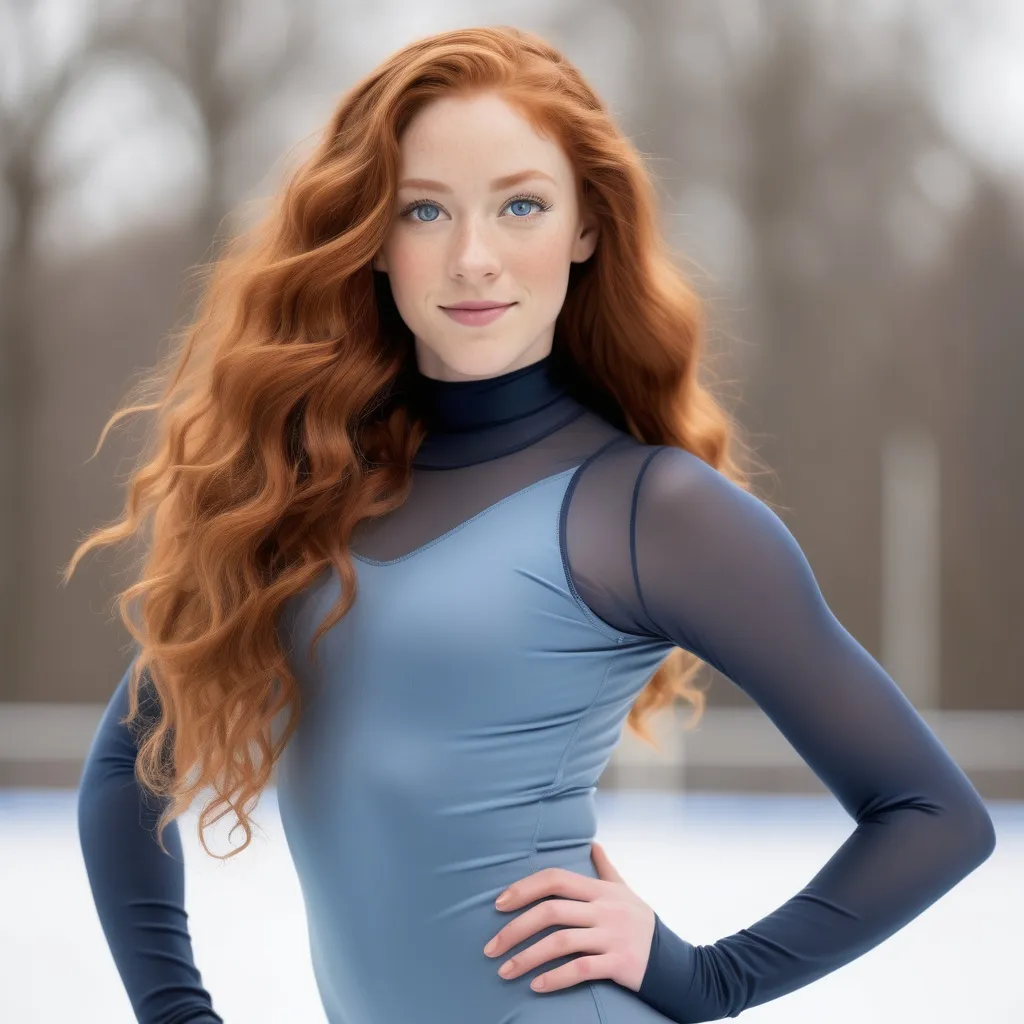 Prompt: A multiracial woman of Dutch, Persian, and Japanese descent who has long, wavy red hair that falls to her knees and she has greyish-blue eyes. She is six foot four (193.04 cm) tall and 198 lbs with an athletic build. She is wearing a beautiful show unitard while skating on ice. She has Breathtakingly Gorgeous features. She has light olive complexion.