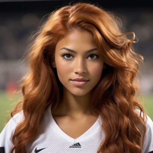 Prompt: She is a multiracial woman of Dutch, Persian, and Japanese origin. She has long, wavy red hair that falls to her knees and she also has grey eyes, and her skin tone is an olive complexion. She is six foot four (193.04 cm) tall and 198 lbs with an athletic build. She is wearing an attire for football while scoring a goal on the soccer field. She has Breathtakingly Gorgeous features that are beyond this world.