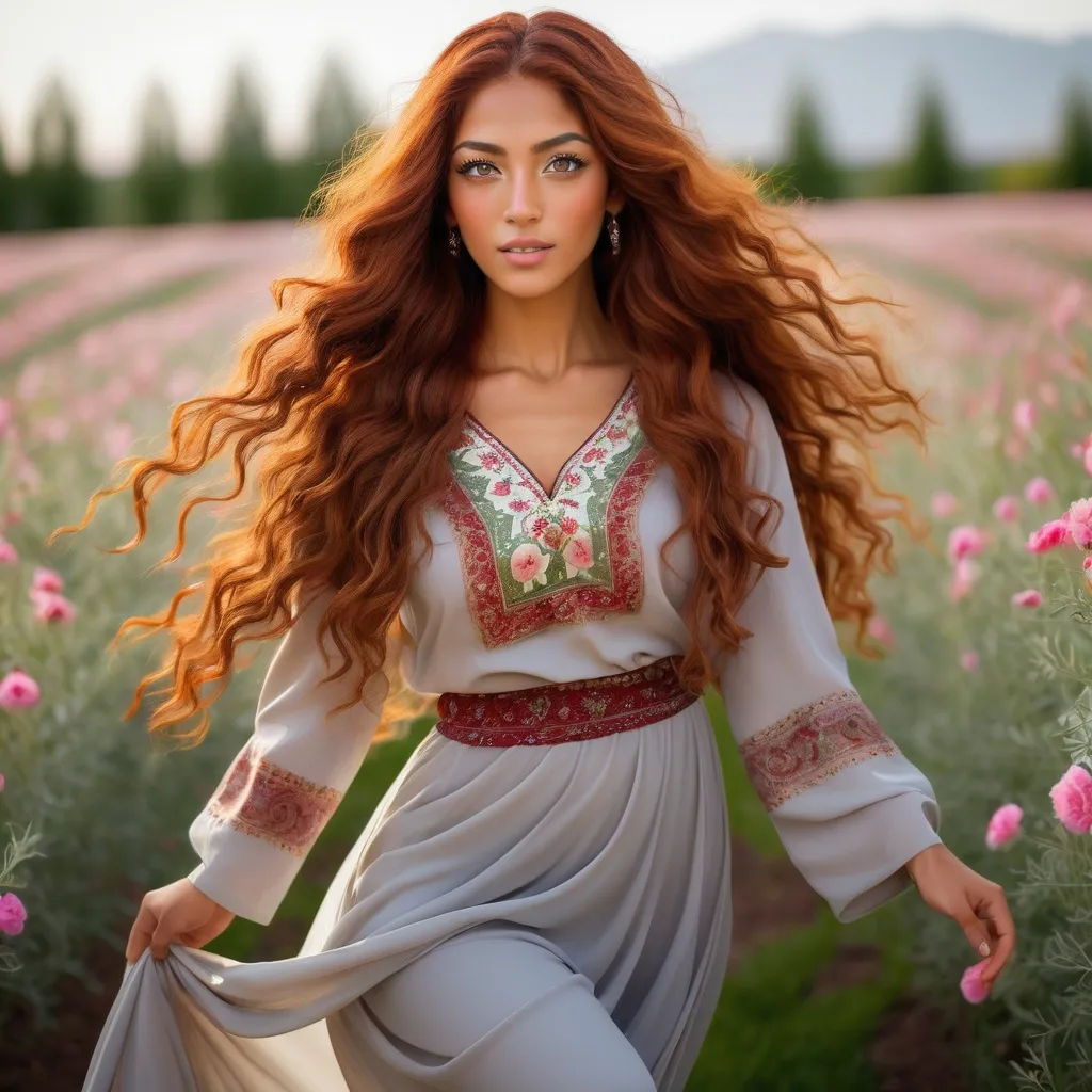 Prompt: She is a multiracial woman of Dutch, Persian, and Japanese origin. She has grey eyes and long, wavy red hair with an olive skin tone. She is six foot four tall and 198 lbs with an athletic build. She has Breathtakingly Gorgeous features. She is also dancing on the lovely flower field while wearing traditional Persian clothing.