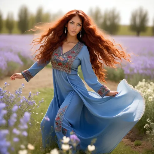 Prompt: She is a multiracial woman of Dutch, Persian, and Japanese origin. She has grey eyes and long, wavy red hair with an olive skin tone. She is six foot four tall and 198 lbs with an athletic build. She has Breathtakingly Gorgeous features. She is also dancing on the lovely flower field while wearing traditional blue Persian clothing.