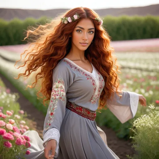 Prompt: She is a multiracial woman of Dutch, Persian, and Japanese origin. She has grey eyes and long, wavy red hair with an olive skin tone. She is six foot four tall and 198 lbs with an athletic build. She has Breathtakingly Gorgeous features. She is also dancing on the lovely flower field while wearing traditional Persian clothing.