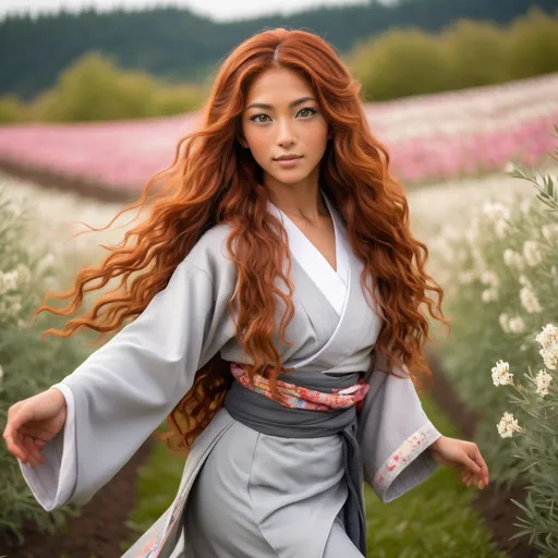 Prompt: She is a multiracial woman of Dutch, Persian, and Japanese origin. She has grey eyes and long, wavy red hair with an olive skin tone. She is six foot four tall and 198 lbs with an athletic build. She has Breathtakingly Gorgeous features. She is also dancing on the lovely flower field while wearing traditional Japanese clothing.