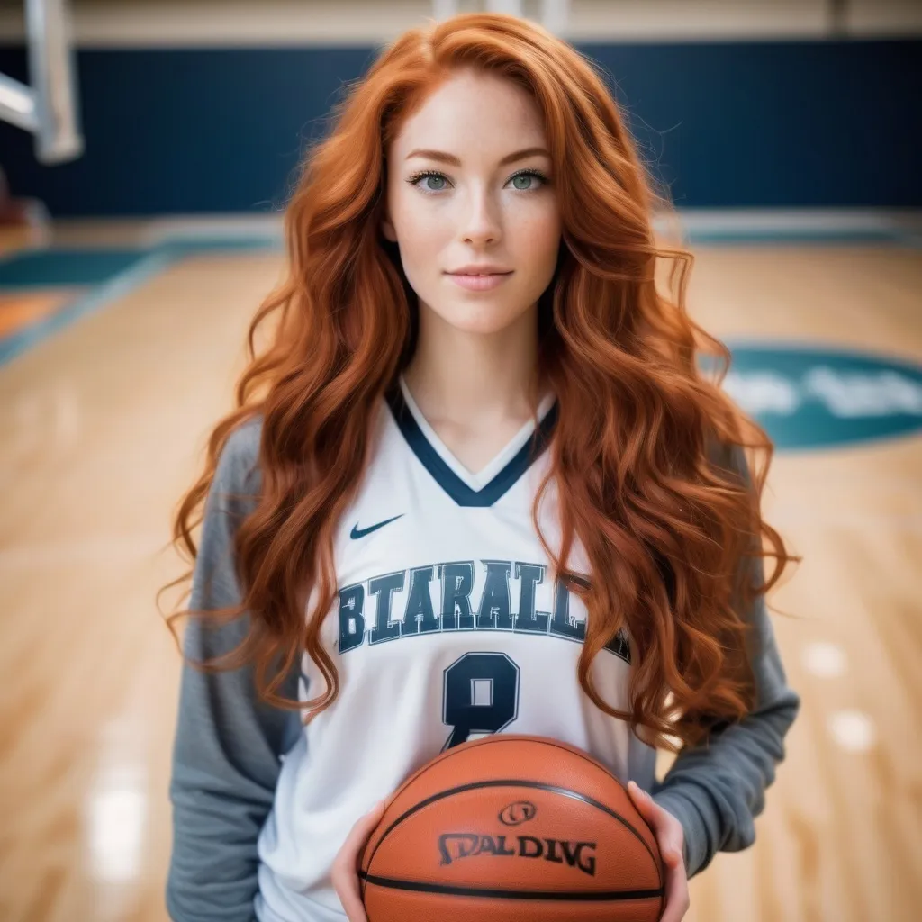 Prompt: She is a multiracial woman of Dutch, Persian, and Japanese origin. She has long, wavy red hair that falls to her knees and she has grey eyes. She is six foot four (193.04 cm) tall and 198 lbs with an athletic build. She is wearing a sportswear attire while playing basketball. She has Breathtakingly Gorgeous features that are beyond this world. Her skin tone is an olive complexion.