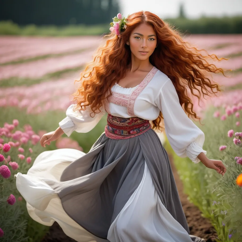 Prompt: She is a multiracial woman of Dutch, Persian, and Japanese origin. She has grey eyes and long, wavy red hair with an olive skin tone. She is six foot four tall and 198 lbs with an athletic build. She has Breathtakingly Gorgeous features. She is also dancing on the lovely flower field while wearing traditional Dutch clothing.