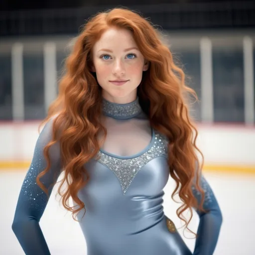 Prompt: A multiracial woman of Dutch, Persian, and Japanese descent who has long, wavy red hair that falls to her knees and she has greyish-blue eyes. She is six foot four (193.04 cm) tall and 198 lbs with an athletic build. She is wearing a beautiful show unitard while skating on ice. She has Breathtakingly Gorgeous features. She has light olive complexion.