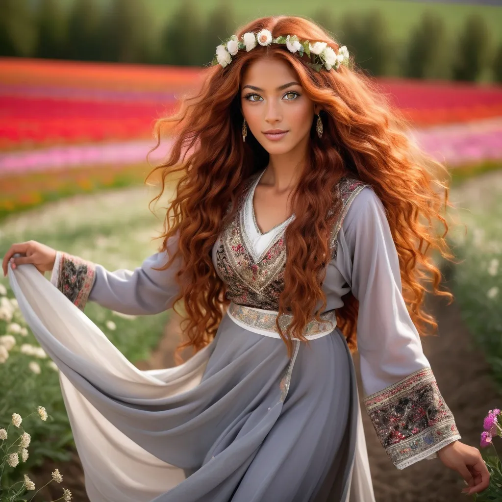 Prompt: She is a multiracial woman of Dutch, Persian, and Japanese origin. She has grey eyes and long, wavy red hair with an olive skin tone. She is six foot four tall and 198 lbs with an athletic build. She has Breathtakingly Gorgeous features. She is also dancing on the lovely flower field while wearing traditional Persian clothing.